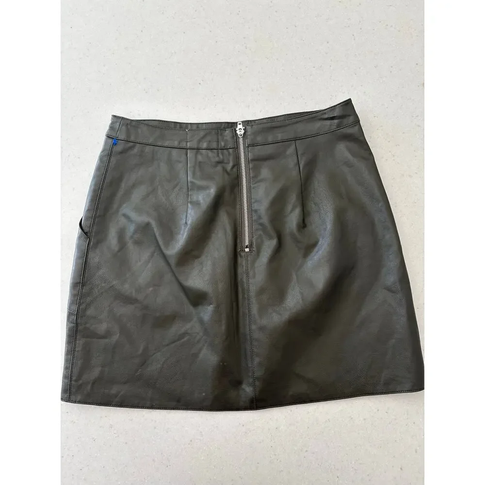 Harper Heritage Faux Leather Mini Skirt XS Olive Green A-Line Zip Back Pockets - Picture 8 of 13